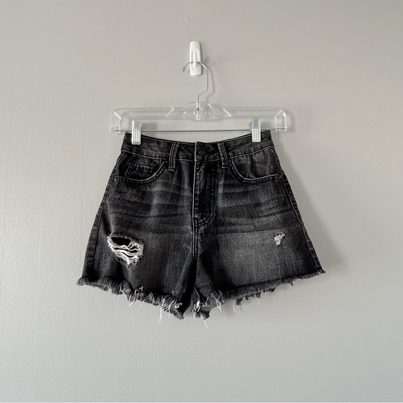 Rewash Pants - Rewash High Wasted Distressed Black Denim Short Shorts